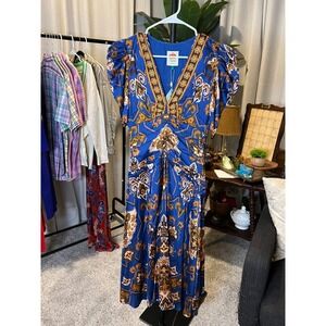 Farm Rio Blue Tiles Maxi Dress V-Neck Puff Sleeve Geometric Print NEW WITH TAGS